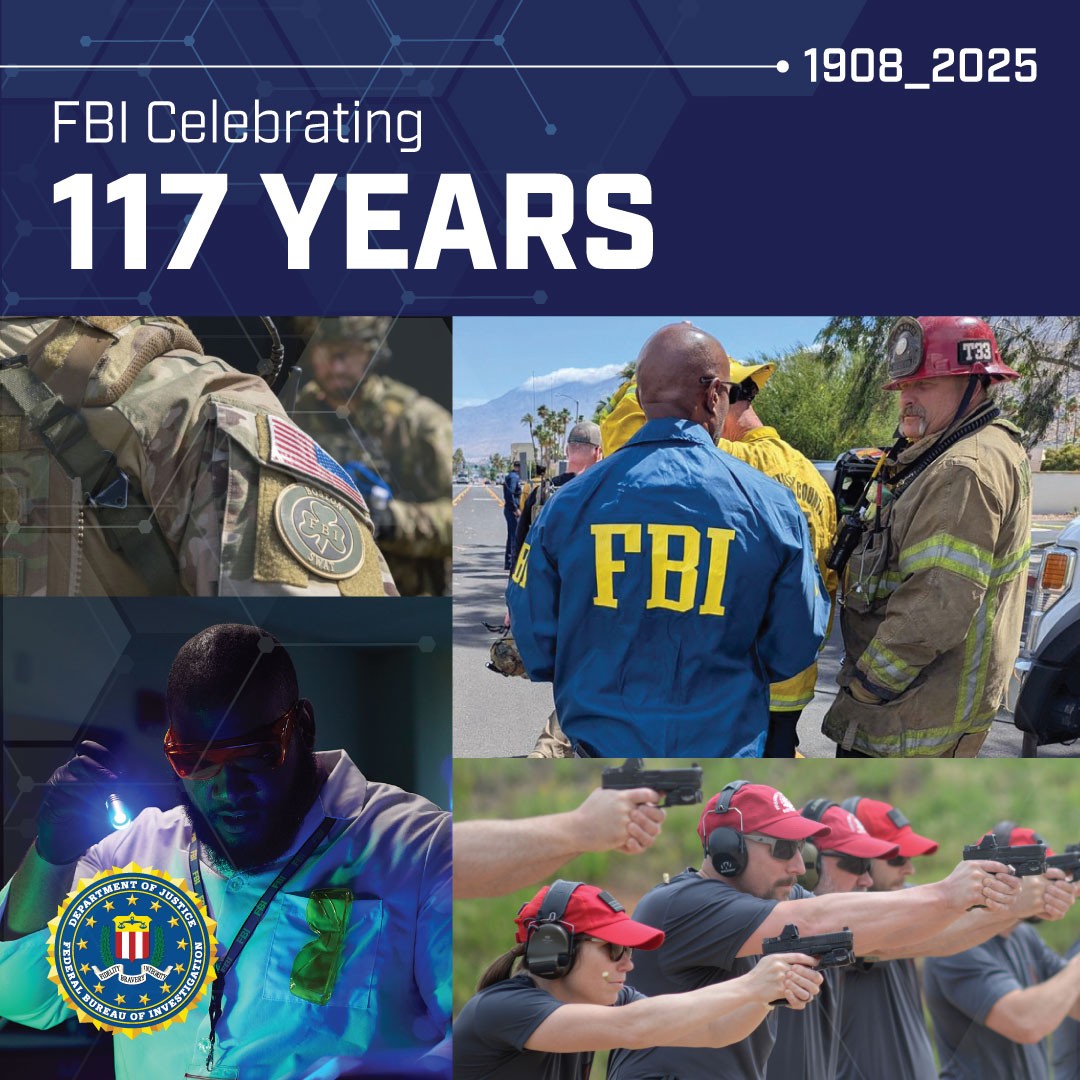 FBI's tweet photo. Today marks the FBI’s 117th anniversary! 

Through these years, we've fought crime, countered terrorism, supported victims, engaged with communities, and forged strong partnerships. 

We are proud to serve and protect the American people, upholding the Constitution every day. https://t.co/zyLMHg8t7J