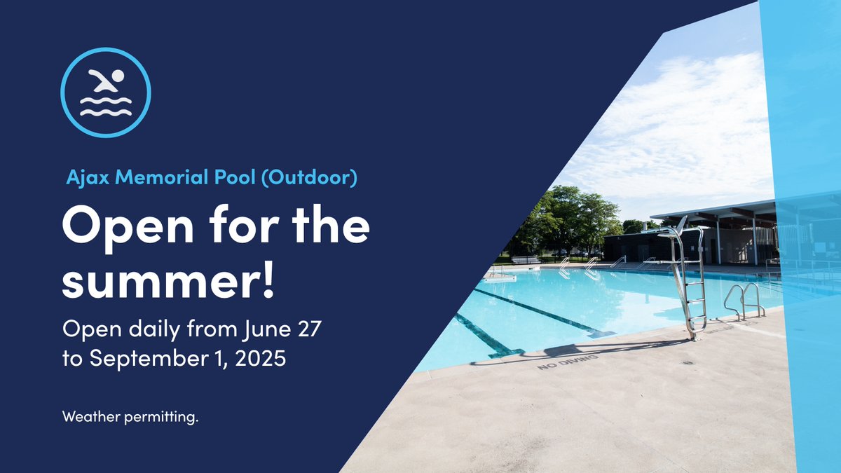 TownOfAjax's tweet image. 💦 The Ajax Memorial Pool is now open for the summer (weather permitting)! 💦
Bring the whole family and cool off at one of Durham Region's best outdoor pools! 🏊
Details and schedule ➡️ bit.ly/3T1DNTc