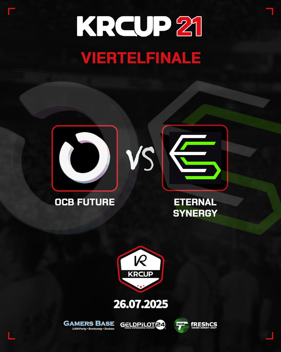 [ KRCup #21 ]

Weiter geht's im KRCup #21!

Das neue Team von OCB Future setzt sich sehr dominant in ihrer Gruppe durch und trifft auf Eternal Synergy. 

🚩 Viertelfinale
⏰ 17:40 Uhr
🆚 <a href="/OTHERSCANTBEAT/">OTHERSCANTBEAT</a> Future vs <a href="/Eternal_Synergy/">Eternal Synergy</a> 
📺 ttv/taikahar
🎙️ <a href="/TaiKahar/">Tai Kahar</a> 

---
<a href="/fREShCS1/">fREShCS</a> |