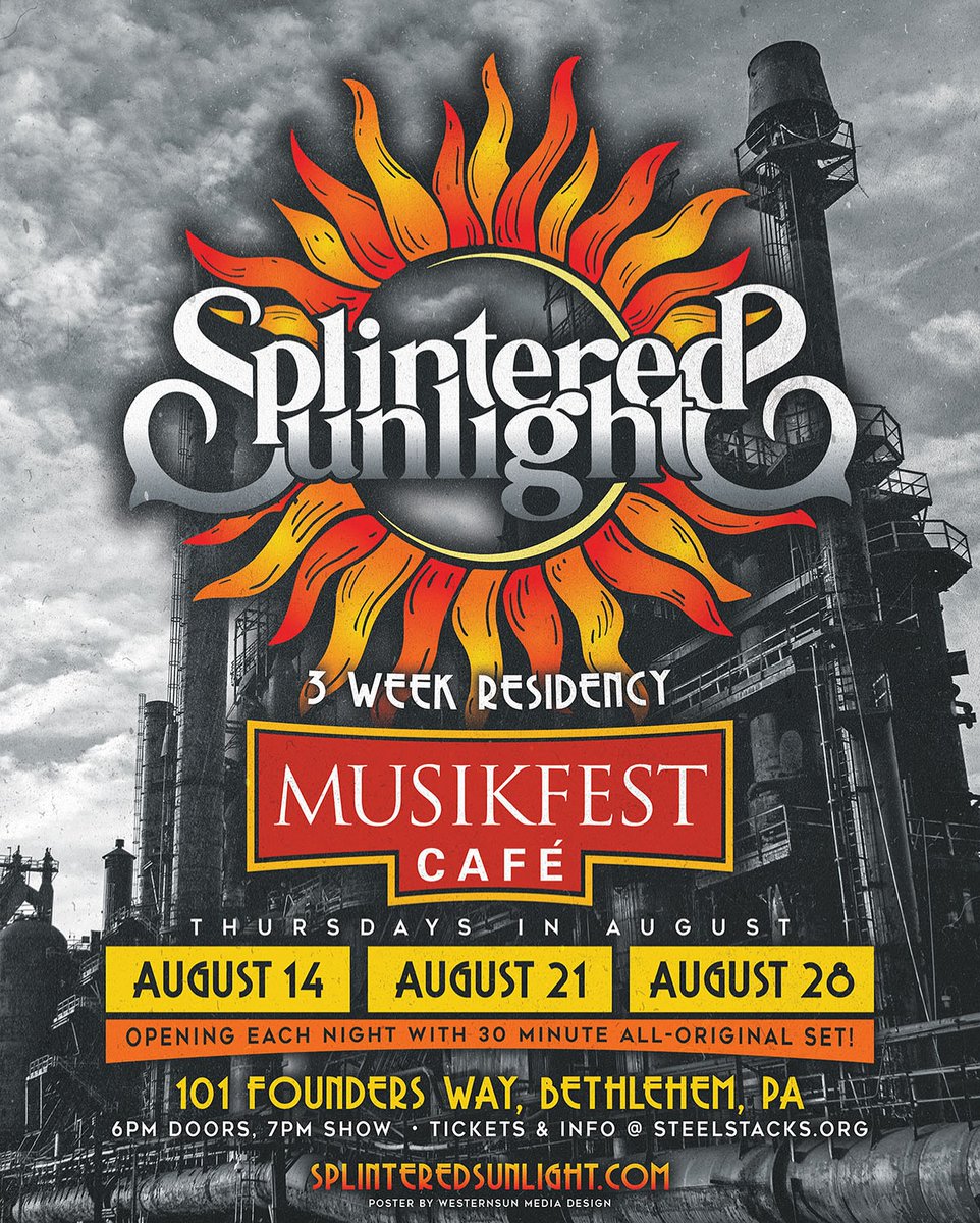 Splintered Sunlight's summer residency at the Musikfest Café is almost here!

8/14 - brnw.ch/21wUrNi
8/21 - brnw.ch/21wUrNk
8/28 - brnw.ch/21wUrNj
