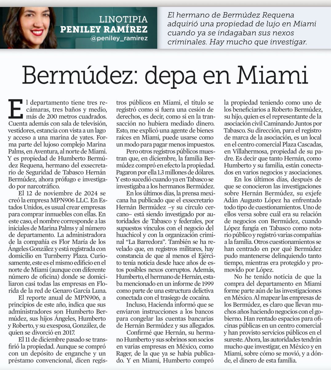 alpeca's tweet image. 🔔 Sigue creciendo él #escándalo: “Bermúdez: depa en Miami” #Linotipia de @peniley_ramirez ✍️. 

✅ Más valdría que autoridades de México 🇲🇽 se apuren a pedir colaboración de EUA 🇺🇸 ante hallazgo de propiedades en Miami; esquema análogo al de García Luna…