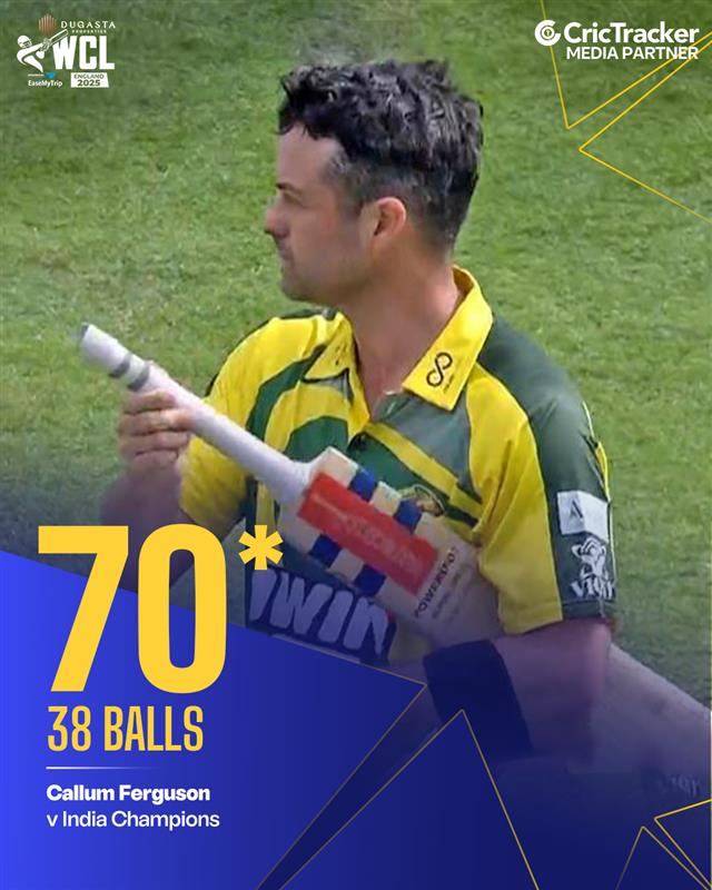 Cricketracker's tweet photo. A magical performance by Callum Ferguson! his quick fifty clinches the match for Australia Champions against India Champions.
#CallumFerguson #WCL2025 #INDCvsAUSC #CricTracker https://t.co/B6F2ARj15t