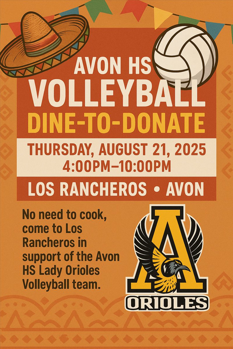 Mark your calendars!! No need to cook on August 21. Support AHS Vball and eat dinner at Los Rancheros!! We will see you there!!