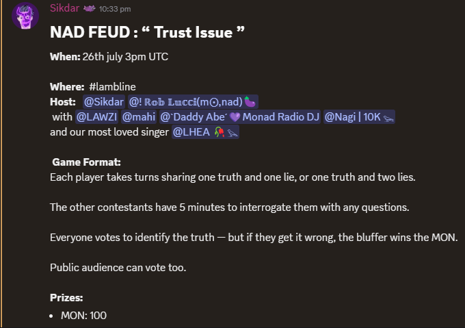 3rd episode of NAD FEUD: ''Trust Issue'' hosted by <a href="/0xsikdar/">Sikdar</a> and me together with the contestant for today <a href="/Lawzi_eth/">LAWZI ⌘</a>, <a href="/Mahim031/">Mahi</a> &amp; <a href="/DaddyAbeRadio/">Daddy Abe (Radio DJ)</a>. Join us rn in the lambline.

<a href="/monad/">Monad ⨀</a> <a href="/Monad_APAC/">Monad APAC</a> <a href="/Filipinads/">FilipiNADS</a>