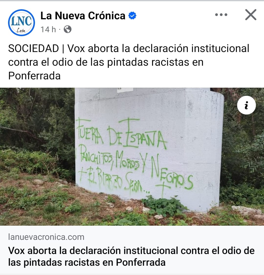 😡 Vox protege el odio racista en Ponferrada.
✊ En el Bierzo no sobra nadie.
💸 Quieren inmigrantes sin derechos para explotarlos y sembrar odio entre la clase trabajadora.

#BierzoAntifascista #Ponferrada #StopRacismo #UnidadPopular #PCE #LeónEsp