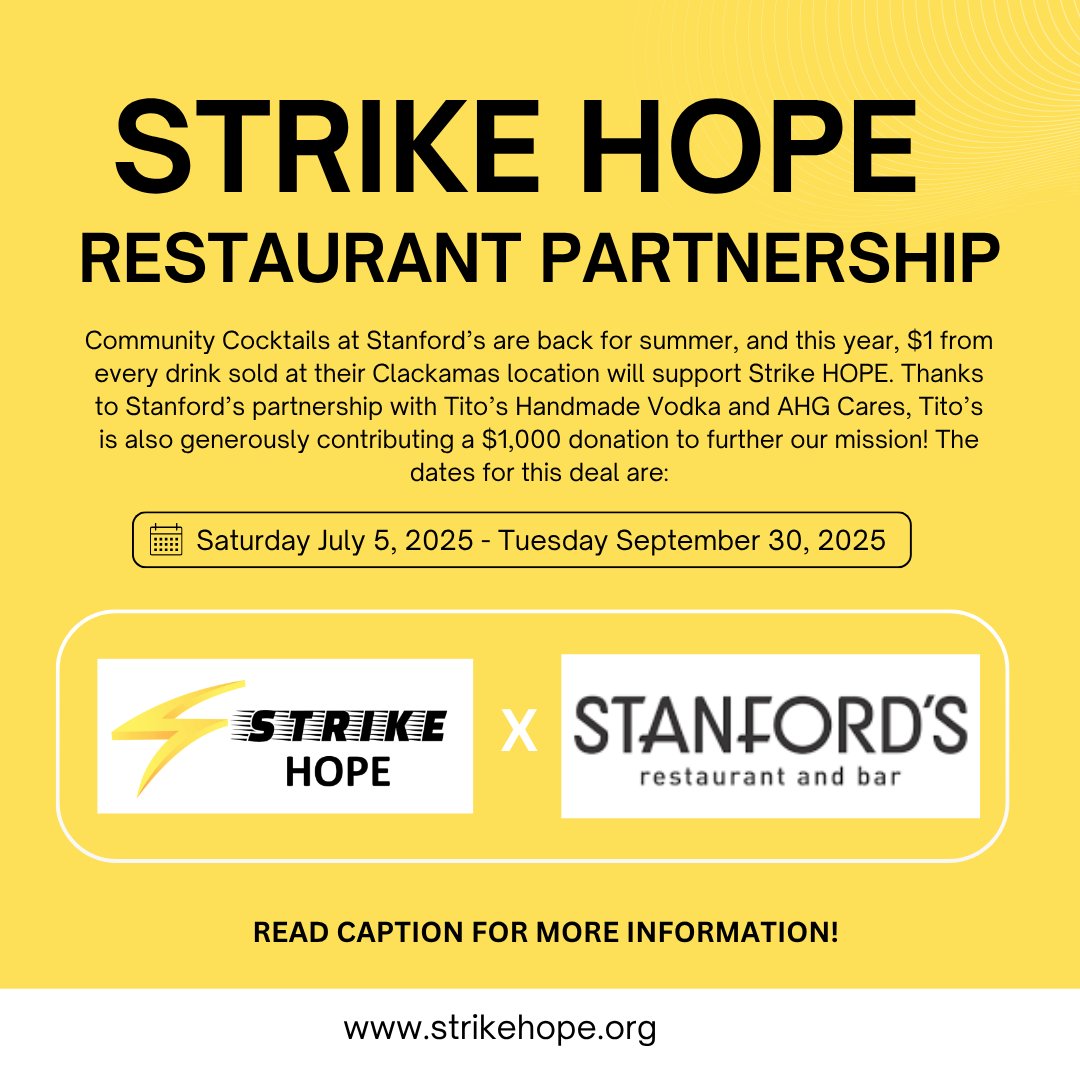 HopeStrike's tweet photo. Support Strike HOPE this summer by enjoying a Community Cocktail at Stanford’s Clackamas location from July 5, 2025 to September 30, 2025! 🍹

Visit https://t.co/SzK4eiEY6w

#communitycocktails #nonprofitsupport #education #nonprofitpartner #educationforall #financialassistance https://t.co/6rDrqHT1Gv