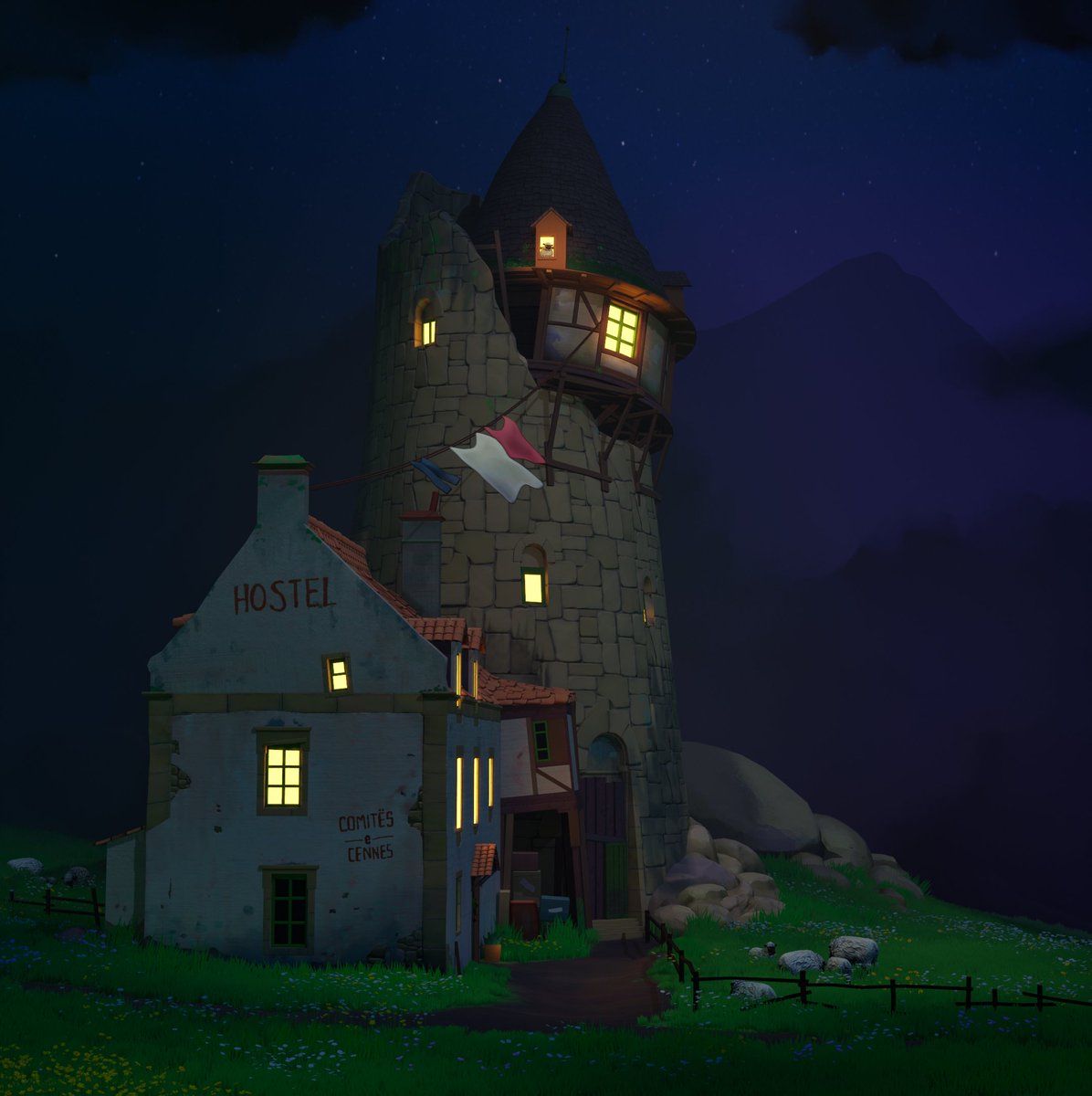 RJducats's tweet image. Along with the original render inspired from Alariko&apos;s illustration, I&apos;ve also had a play around and created some time variants of a sunset and night scene. 
#art #3D #UnrealEngine #UE5 #EnvironmentArt #Stylized