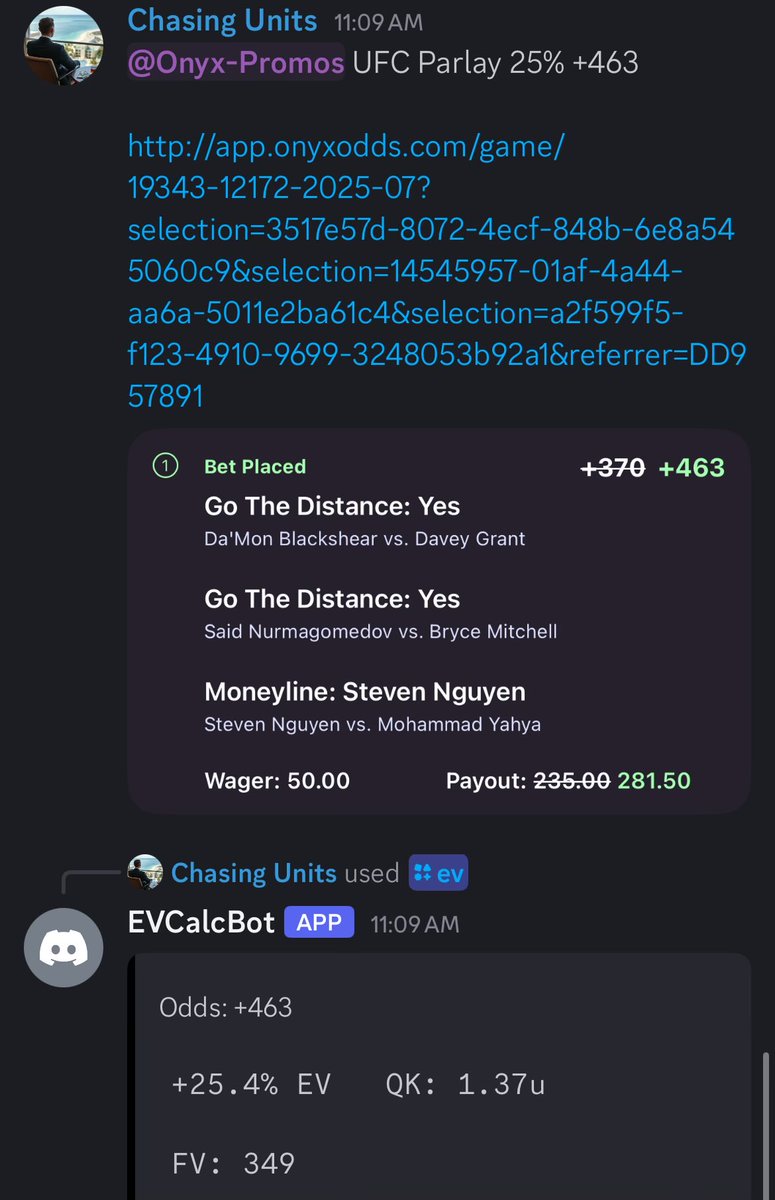 ChasingUnits_'s tweet image. Onyx UFC Parlay 25% +463