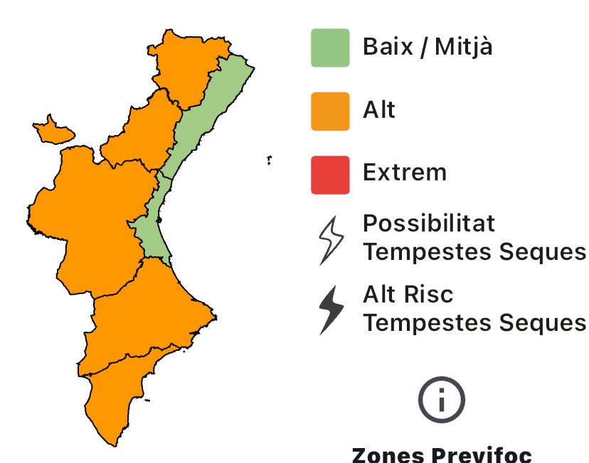 GVA112's tweet image. 🔥El nivell de preemergència per risc d'incendis forestals per a demà 27/07 és:
🟠Alt a pràcticament tota la Comunitat Valenciana
🟢Baix-mitjà en el litoral de València i Castelló
➡️Si veus fum o foc, telefona a l'112