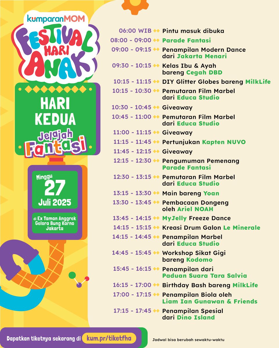 kumparan's tweet image. Siapa yang sudah ikut Jelajah Fantasi di kumparanMOM Festival Hari Anak 2025 hari ini?
Yuk, datang lagi besok ke Ex Taman Anggrek GBK karena masih banyak aktivitas interaktif yang sayang dilewatkan! 💫🎡
#kstudio #kumparancampaign #FestivalHariAnak2025 #ba #igp #FHAspotlight…
