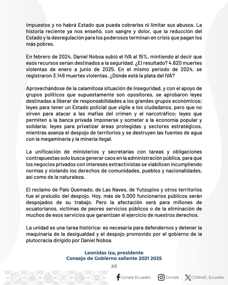 PRENSAVirtual_'s tweet image. #Ecuador|| “La reducción del Estado perjudica a la mayoría, promueve privatizaciones y favorece a los poderosos, que harán lo que les dé la gana, seguirán sin pagar impuestos y no habrá Estado que pueda cobrarles ni limitar sus abusos”, señala la Conaie tras decisión del…