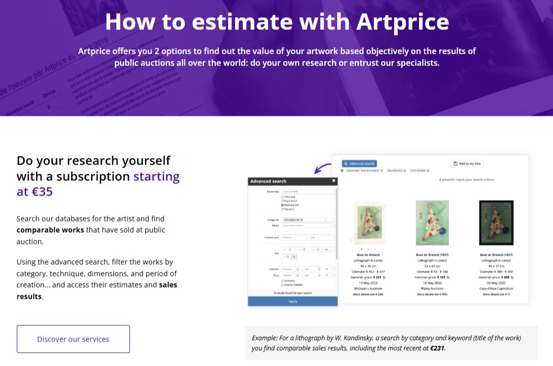 artpricedotcom's tweet image. How to estimate with #Artprice
Artprice offers you 2 options to find out the value of your artwork based objectively on the results of public auctions all over the world: do your own research or entrust our specialists. #ArtMarket #ArtInvestment
👉 artprice.com/estimate-with-…