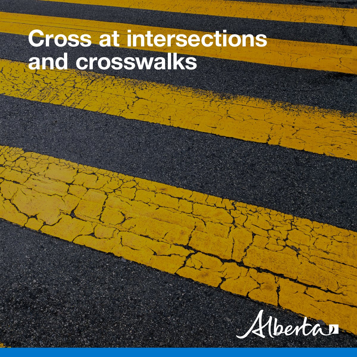 Always use marked crosswalks and pedestrian-activated lights or only cross at intersections - they’re built to protect your safety. #ABRoads  #pedsafety