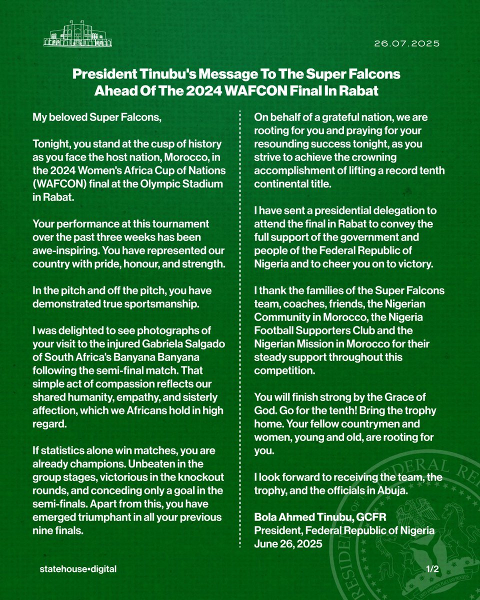 NGRPresident's tweet image. President Tinubu&apos;s Message To The Super Falcons Ahead Of The 2024 WAFCON Final In Rabat