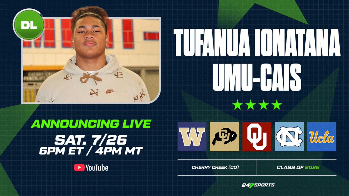 Decision Day: The No. 1 recruit in Colorado, Englewood (Colo.) Cherry Creek four-star defensive lineman Tufanua Ionatana Umu-Cais, will announce his commitment this afternoon, at 4 p.m. MT on the CBS Sports College Football YouTube channel 247sports.com/article/four-s…