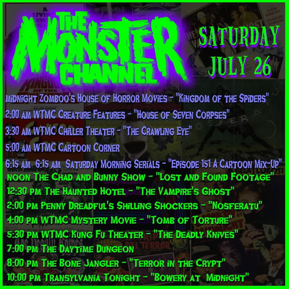 doc_freak's tweet image. July 26, 2025: Spend a scary Saturday Morning, Afternoon and Evening watching Horror Hosted entertainment on themonsterchannel.com
#HorrorHost #TheMonsterChannel