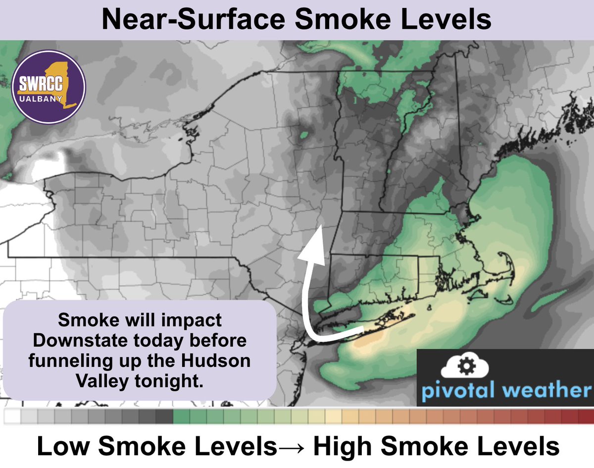 NYSWRCC's tweet image. Air quality alerts have been issued for all of eastern NY today as wildfire smoke moves south to north now through tomorrow morning. Sensitive individuals should consider limiting outdoor physical activity.