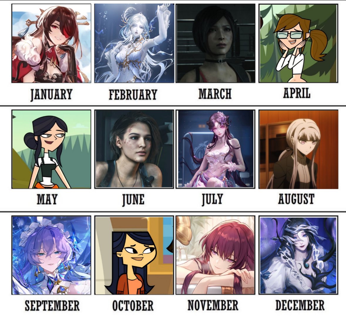 2huntessally's tweet image. I saw oomfs doing it so I wanted to do it too your birth month as my favorite female characters from my past/current hyperfixations yayyyy