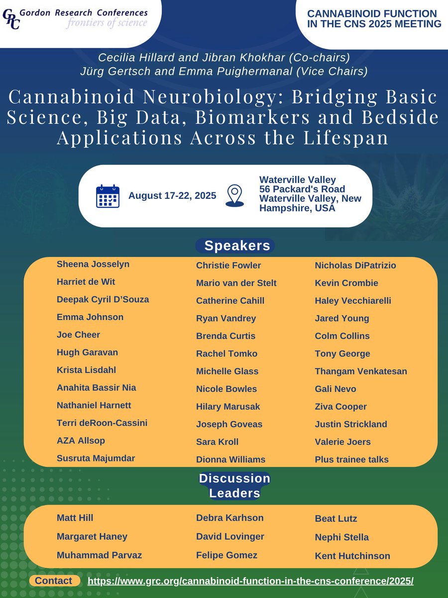 Jibran Khokhar (@drjkhokhar) on Twitter photo The 2025 GRC on Cannabinoid Function in the CNS: Cannabinoid Neurobiology: Bridging Basic Science, Big Data, Biomarkers and Bedside Applications Across the Lifespan final speaker and discussant roster! Registration is still open! RT please! <a href="/CeceHillard/">Cecilia Hillard</a> grc.org/cannabinoid-fu… The 2025 GRC on Cannabinoid Function in the CNS: Cannabinoid Neurobiology: Bridging Basic Science, Big Data, Biomarkers and Bedside Applications Across the Lifespan final speaker and discussant roster! Registration is still open! RT please! <a href="/CeceHillard/">Cecilia Hillard</a> grc.org/cannabinoid-fu…