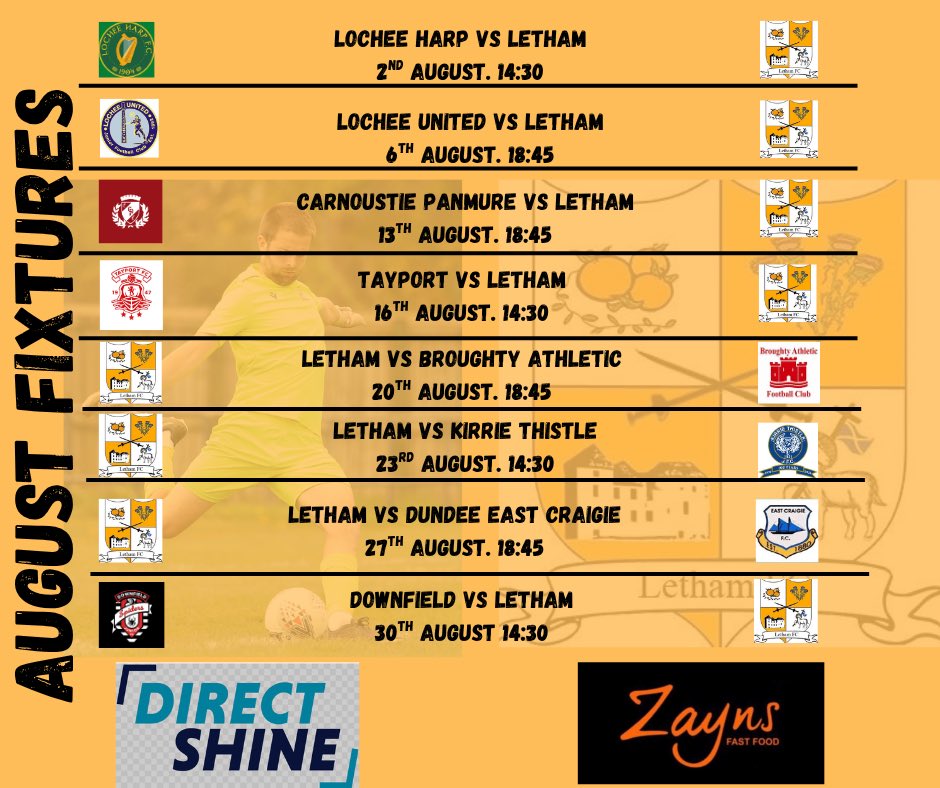 lethamJFC's tweet image. A reminder folks, here are our August fixtures as we open up our campaign in the Midlands top flight.