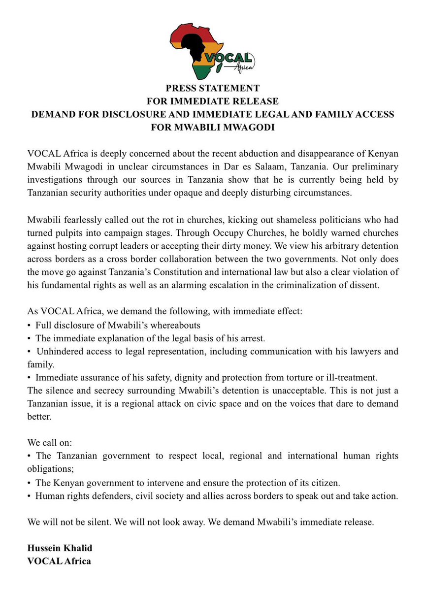 husseinkhalid (@husskhalid) on Twitter photo Mwabili is being held by Tanzania’s security agencies.
<a href="/SuluhuSamia/">Samia Suluhu</a>’s government is openly and obviously targeting Kenyans in Tanzania.
#FreeMwabiliMwagodi Mwabili is being held by Tanzania’s security agencies.
<a href="/SuluhuSamia/">Samia Suluhu</a>’s government is openly and obviously targeting Kenyans in Tanzania.
#FreeMwabiliMwagodi
