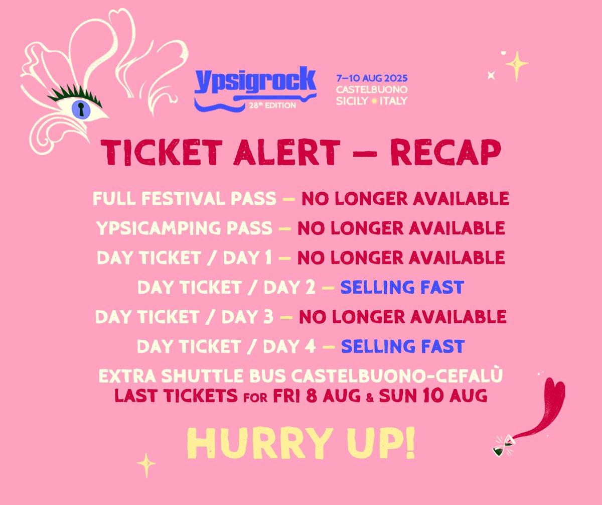 𝗧𝗜𝗖𝗞𝗘𝗧 𝗔𝗟𝗘𝗥𝗧 𝗥𝗘𝗖𝗔𝗣!

TICKETS ➝ DICE: ypsi.link/tickets25
Il futuro è già nostalgia 💖