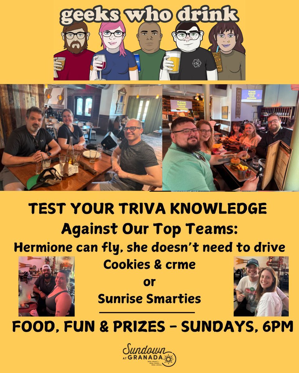 TAKE THE GREENVILLE AVE. TRIVIA CHALLENGE!! Tomorrow (7/27), Geeks Who Drink  FREE Trivia Contest! Every Sunday Night at 6pm. PRIZES🎁 , FOOD🌮 , DRINKS🍺, and FUN😁.
#geekswhodrink #visitdallas #gamenightdallas #sundownatgranada