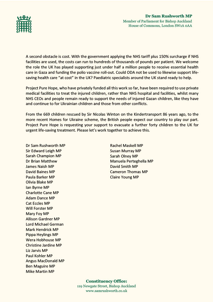 Sam Rushworth MP (@samjrushworth) on Twitter photo Following the Foreign Secretary's commitment at <a href="/CommonsIDC/">International Development Committee</a> last week to do more to support medical evacuations of children from Gaza ( fb.watch/B4HlLGzIcQ/), I have joined colleagues from 3 parties writing to ask government to remove barriers to expansion of Project Pure Hope Following the Foreign Secretary's commitment at <a href="/CommonsIDC/">International Development Committee</a> last week to do more to support medical evacuations of children from Gaza ( fb.watch/B4HlLGzIcQ/), I have joined colleagues from 3 parties writing to ask government to remove barriers to expansion of Project Pure Hope