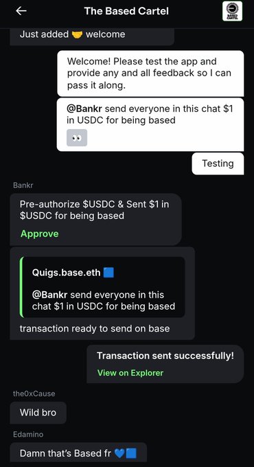 Bankrを使ってBase上で$1 USDC送金に成功したThe Based Cartelチャットのスクリーンショット