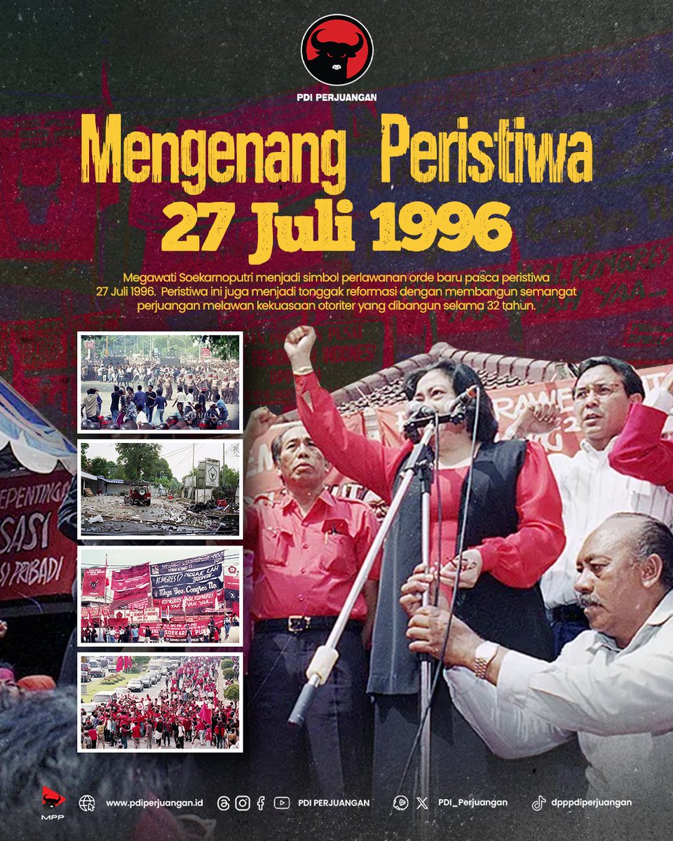 Peristiwa 27 Juli 1996 atau dikenal dengan peristiwa Kudatuli (Kerusuhan Dua Puluh Tujuh Juli). PDI Soerjadi dengan dukungan pemerintah melakukan pengambilalihan paksa dan menyerang markas besar PDI Pro Megawati Soekarnoputri di Jalan Diponegoro 58 Jakarta Pusat, yang mengakibat