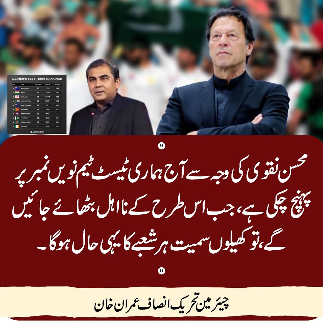 fozisidd's tweet image. “محسن نقوی کی وجہ سے آج ہماری ٹیسٹ ٹیم نویں نمبر پر پہنچ چکی ہے، جب اس طرح کے نااہل بٹھا دیے جائیں گے، تو کھیلوں سمیت ہر شعبے کا یہی حال ہوگا۔”