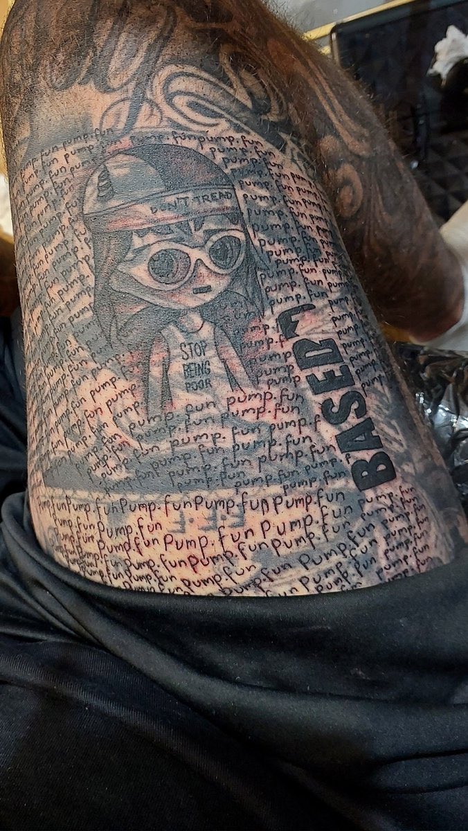 PumpInk_Jord's tweet image. Day 8 of tweeting @a1lon9 until he gives @whoismrdarko and the #PumpInk community the recognition we deserve. 🚀
- “PumpFun” tattooed 700 times breaking a World Record
-World Record broken live on PumpFun Stream 👀
- 6% of Token Supply Locked🔒
- @a1lon9 pfp tatted. 👍…