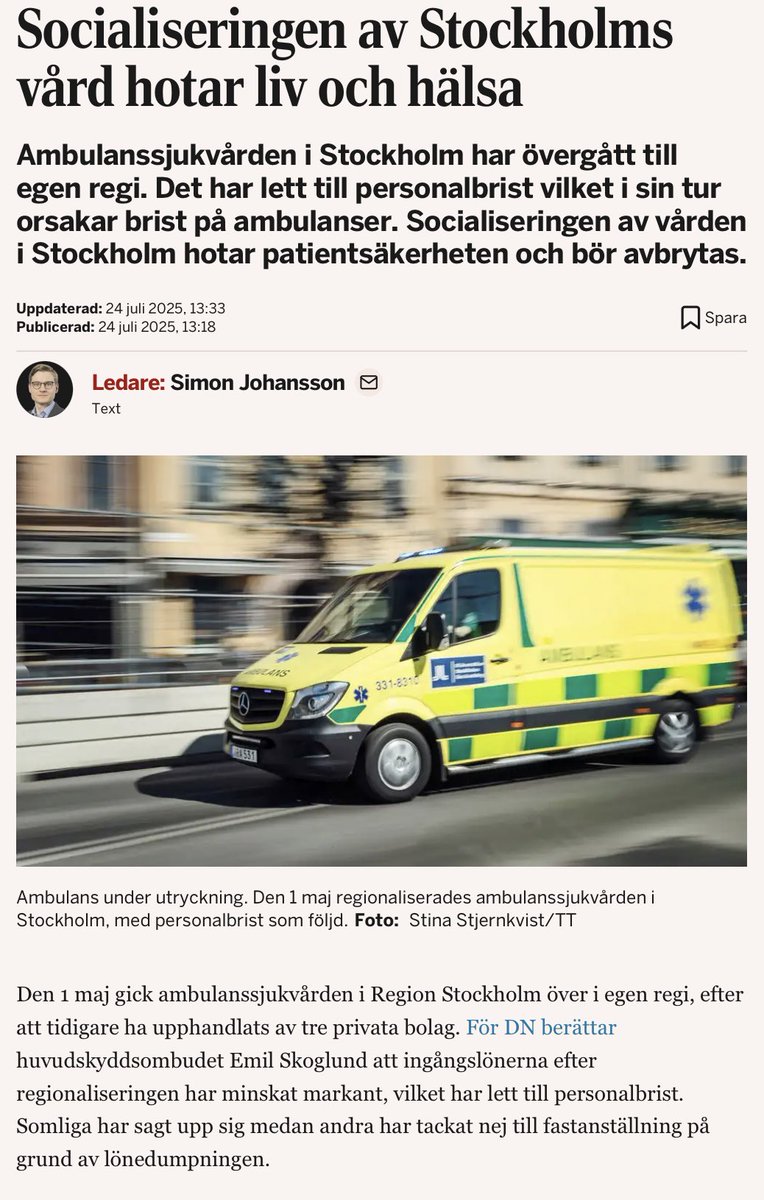 moderatkarlsson's tweet image. Tre år med Socialdemokraterna vid rodret i Stockholm och vi ser resultatet: ambulanskris, larm från barnmorskor och förlossningsvård på gränsen till kollaps.
Det är ett mönster: oförmåga att leda, oförmåga att prioritera, oförmåga att använda skattepengar till kärnuppdraget.…