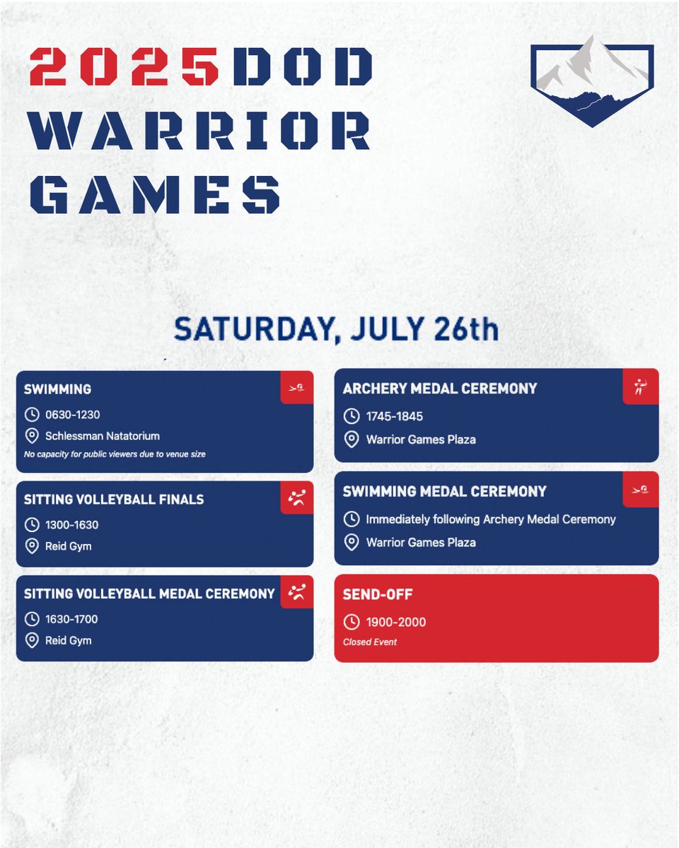 *UPDATE* The Archery and Swimming medal ceremonies have been moved to 1745 MDT. 

Day 9 of Warrior Games will feature swimming and sitting volleyball finals. Watch LIVE at dodwarriorgames.com (free) or on ESPN+ (with a subscription). Let’s go, Warriors! #DWG2025