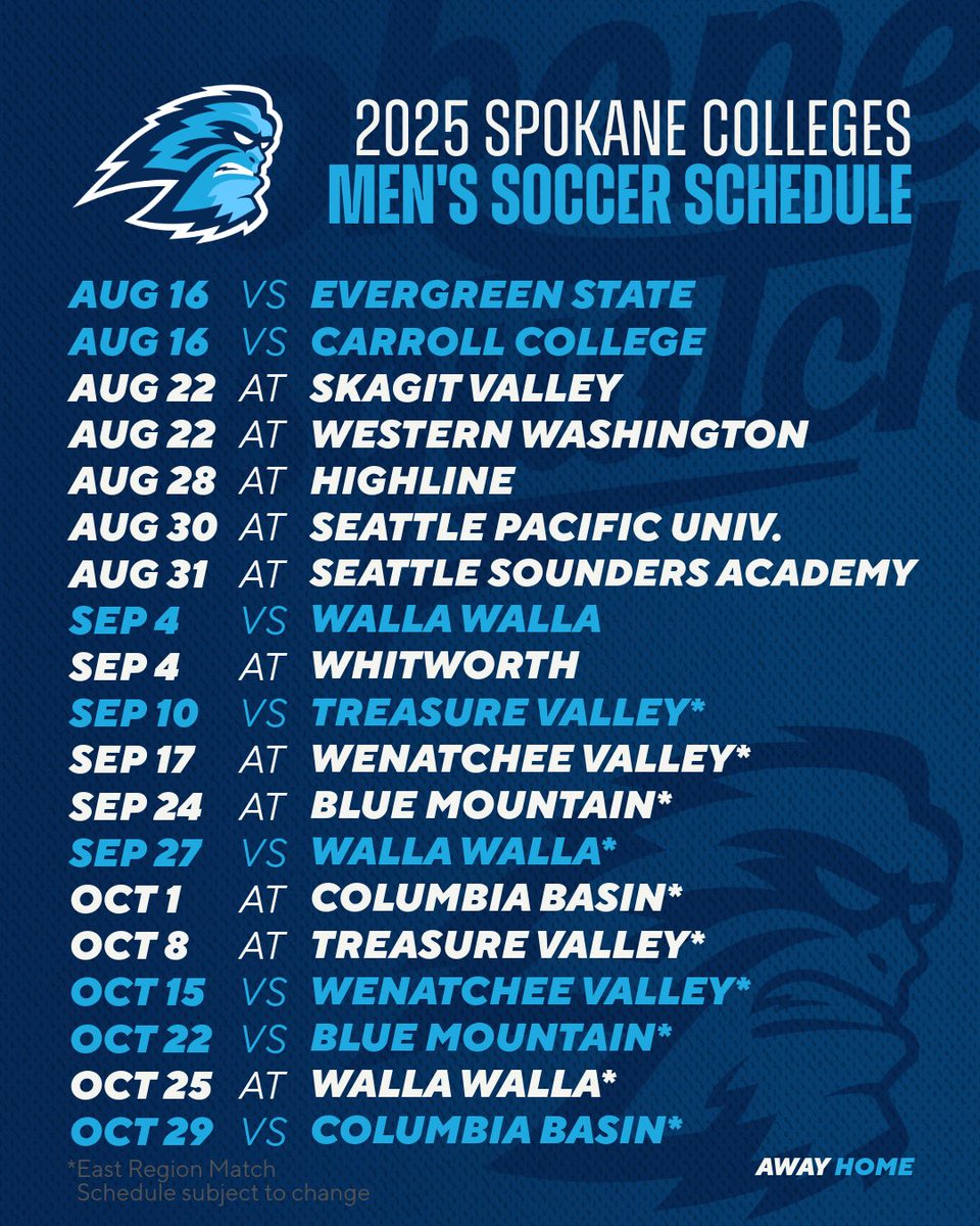 The official 2025 Sasquatch Men’s Soccer schedule!💪🏼

#RollSquatch | #NWAC | #WeAreSpokane