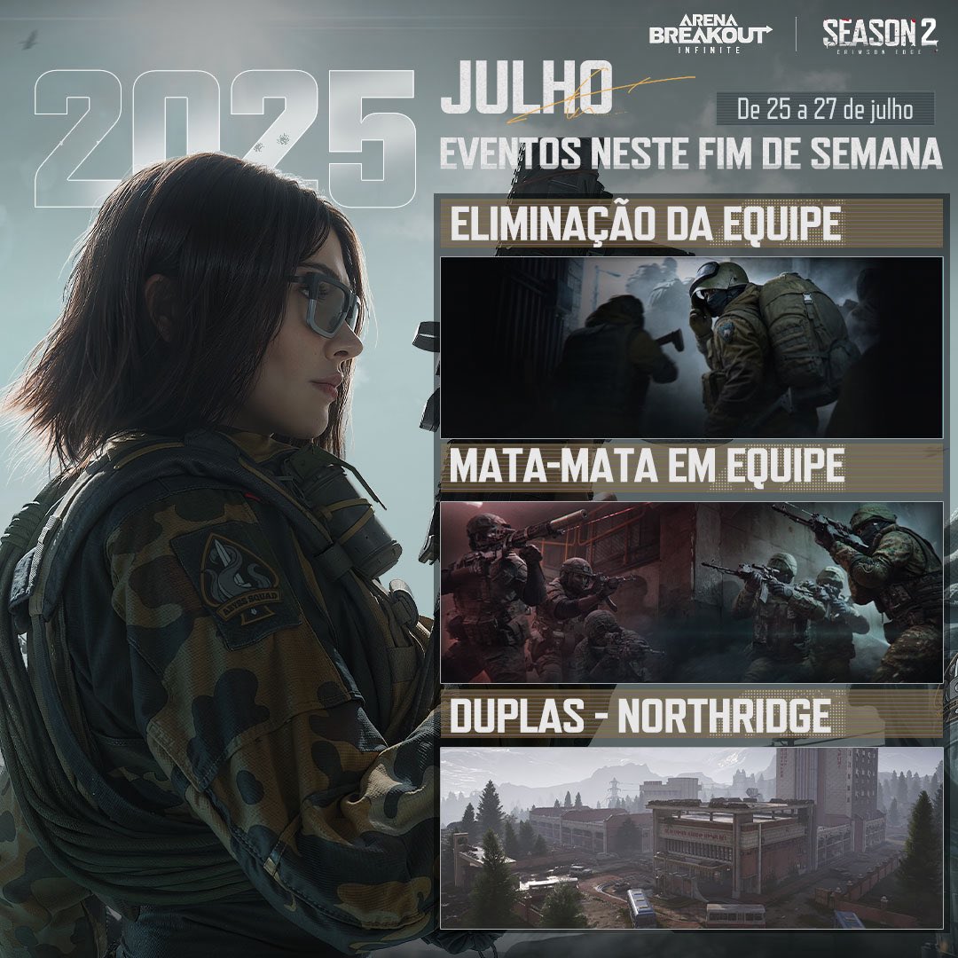 Eventos por tempo limitado estão prestes a começar!

Confira o que temos neste fim de semana:
- Eliminação da Equipe
- Mata-mata em Equipe
- Modo Dupla em Northridge

Prepare seu esquadrão e nos vemos em Kamona!

#ArenaBreakoutInfinite #ArenaBreakoutPC #ABISeason2