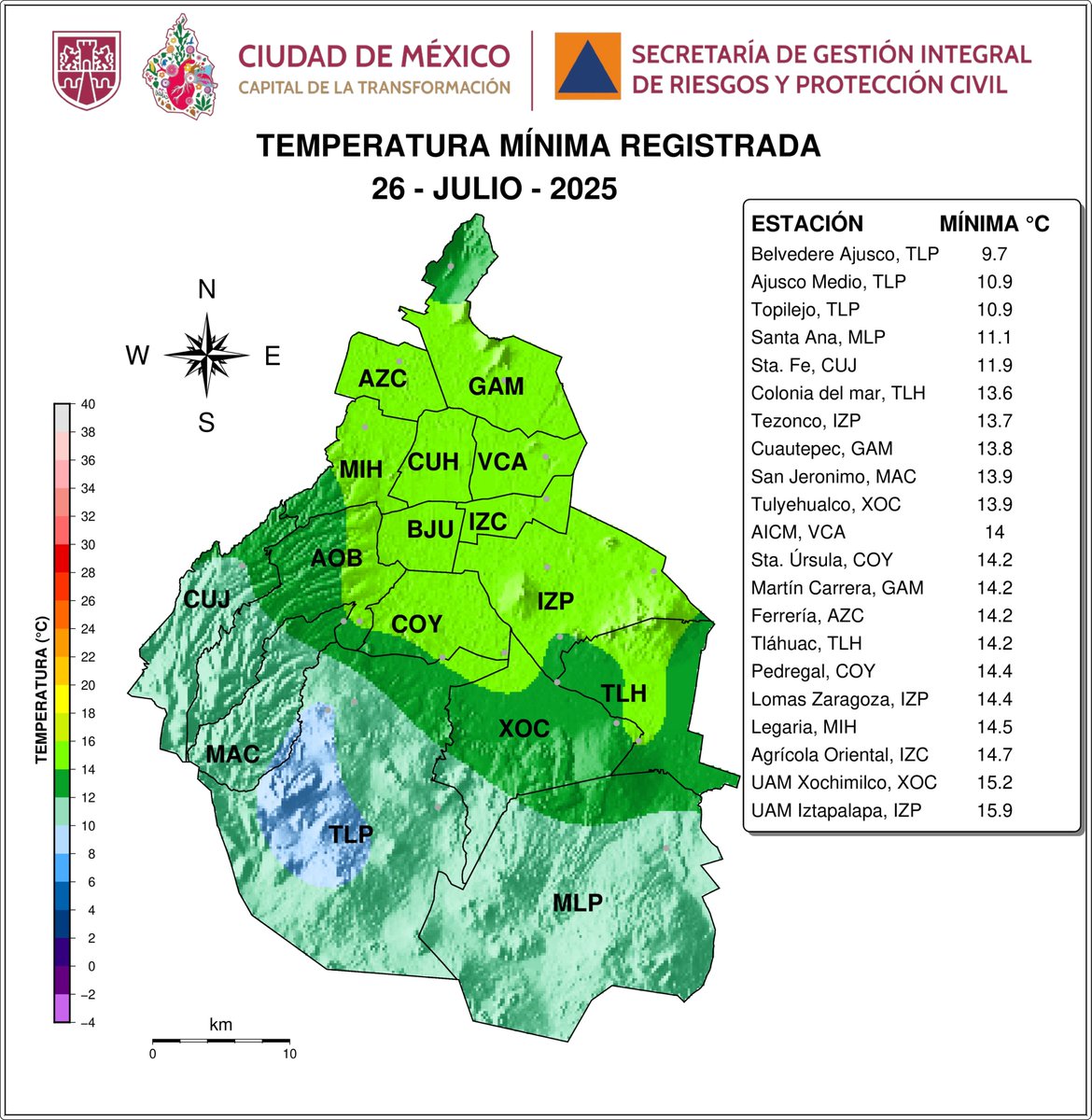 SGIRPC_CDMX's tweet image. Distribución espacial de las temperaturas mínimas registradas el 26-07-2025, por las redes de: SGIRPC, SEDEMA y SENEAM. #TrabajandoJuntos #LaPrevenciónEsNuestraFuerza