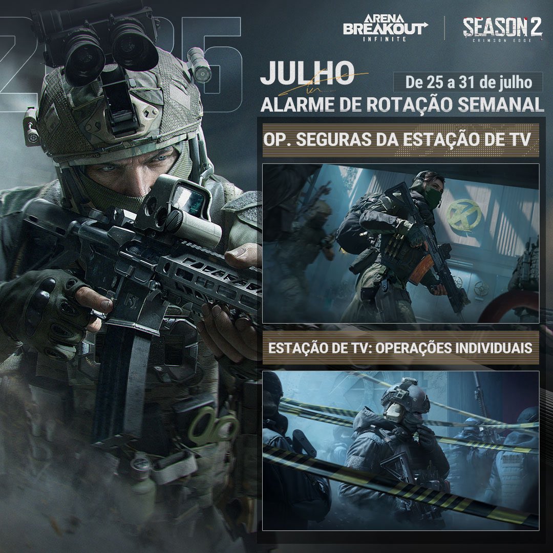 Alarme de Rotação Semanal!

- Abertura de Operações Seguras na Estação de TV
- Zona Proibida chegando na Estação de TV (Modo Individual)

Prepare-se para isso!

#ArenaBreakoutInfinite #ArenaBreakoutPC #ABISeason2