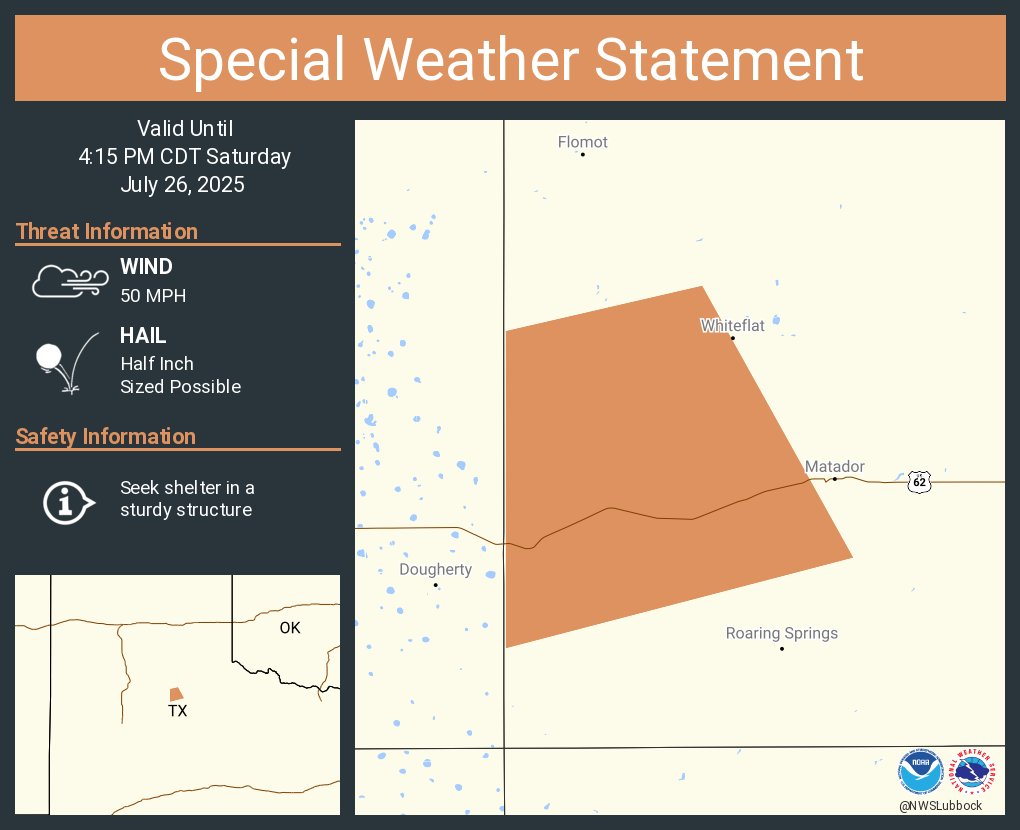 NWSLubbock's tweet image. A special weather statement has been issued for Motley County, TX until 4:15 PM CDT