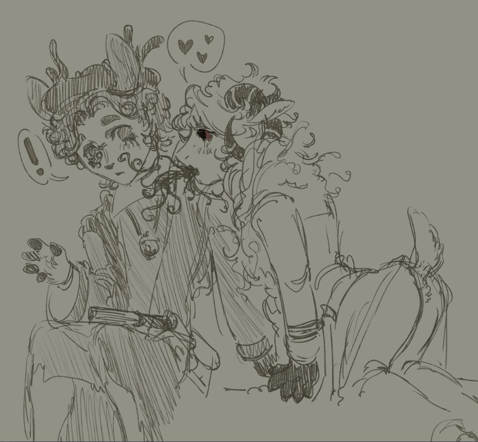 Orphricker's tweet image. Simple sketch of furry genresearch (??) Being a weird couple 💀💀
