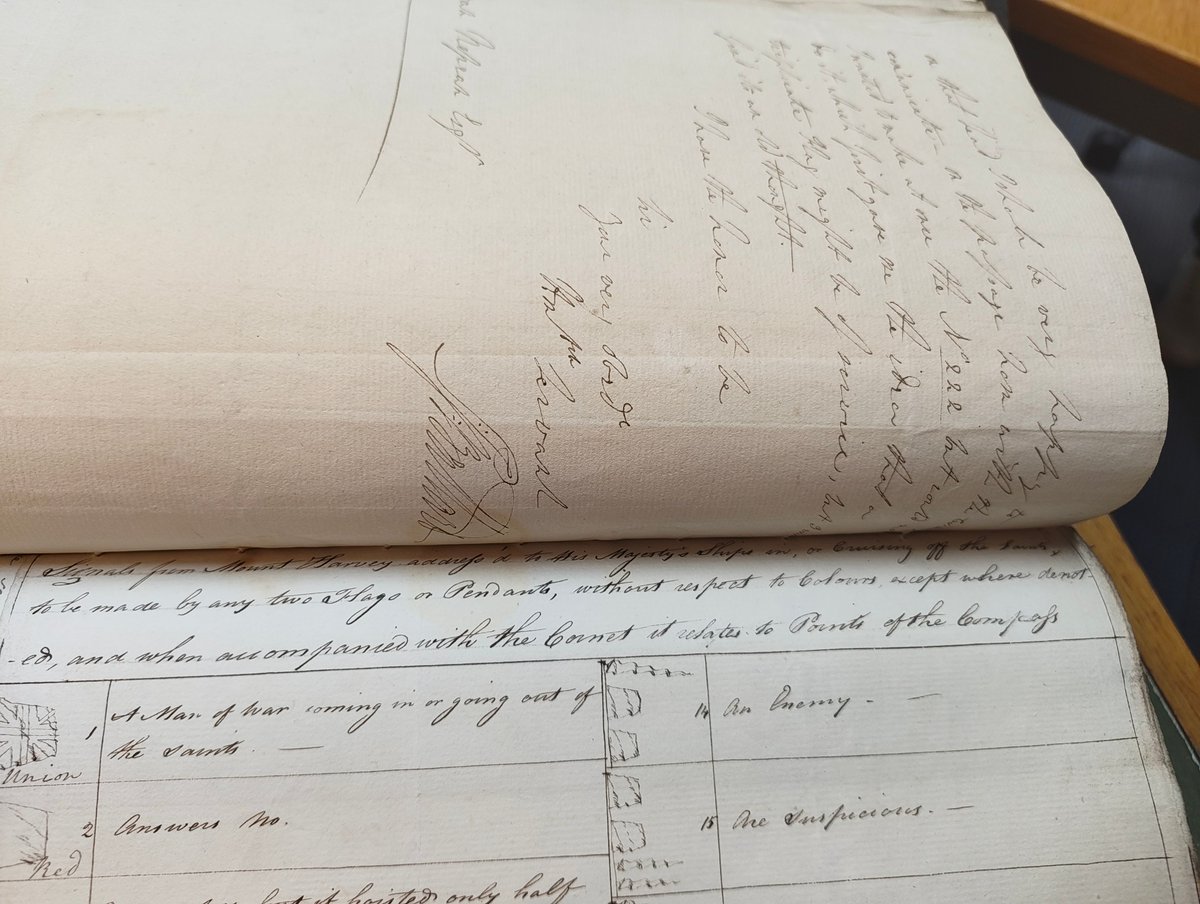 DockYardWall's tweet image. Flicking through some 1799 Captain’s letters and found this gem—a flag officer’s set of signals. These were issued locally to captains before standardised fleet-wide signals came into use. A great glimpse into pre-1800 naval comms!
#SignalHistory #AgeOfSail