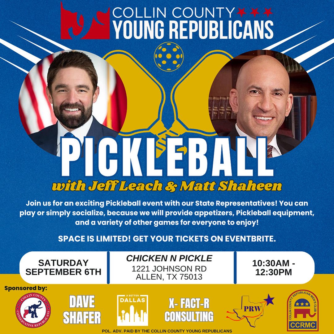 CCYRTX's tweet image. Join us for Pickleball with State Reps Jeff Leach & Matt Shaheen! Join us for a fun-filled day of pickleball at Chicken N Pickle- Allen. Click the link for tickets! 👇
eventbrite.com/e/pickleball-w…