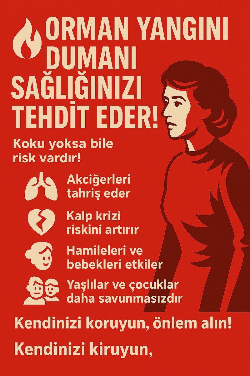 🔥 ORMAN YANGINI DUMANI SAĞLIĞINIZI TEHDİT EDER!

Koku yoksa bile risk vardır!

🫁 Akciğerleri tahriş eder

🫀 Kalp krizi riskini artırır

🤰 Hamileleri ve bebekleri etkiler

👵 Yaşlılar ve çocuklar daha savunmasızdır

Kendinizi koruyun, önlem alın!