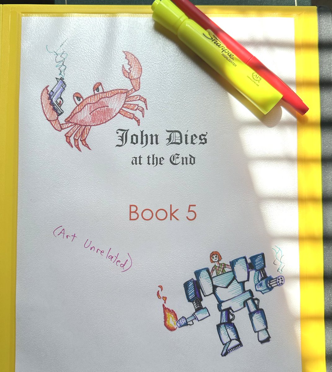 Reached the stage where I print out the finished manuscript, complete with hand-drawn cover, and then mark it up for changes (issues that were invisible on the screen become visible on the printed page). Out fall of next year, because publishing is slow as hell