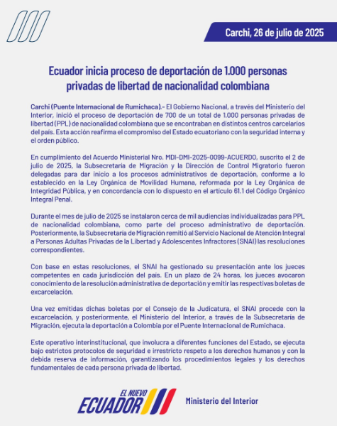 EcEnDirecto's tweet image. #ATENCIÓN
El SNAI comunicó que el Gobierno Nacional, por medio del Ministerio del Interior, comenzó el proceso para deportar a 700 de las 1.000 personas privadas de libertad colombianas que estaban recluidas en diversos centros carcelarios del país.