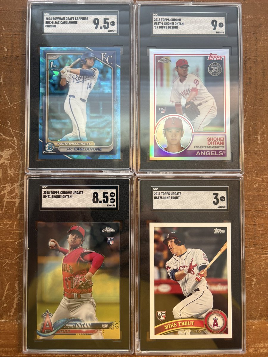 j_updegraff's tweet image. SGC Slabs for sale
18 Topps Chrome 83 Ohtani RC SGC 9 - $120
18 Topps Chrome Update Ohtani RC SGC 8.5 - $50
24 Bowman Chrome Sapphire Caglianone SGC 9.5 - $110
2011 Topps Update Trout SGC 3 - $225
All prices shipped.