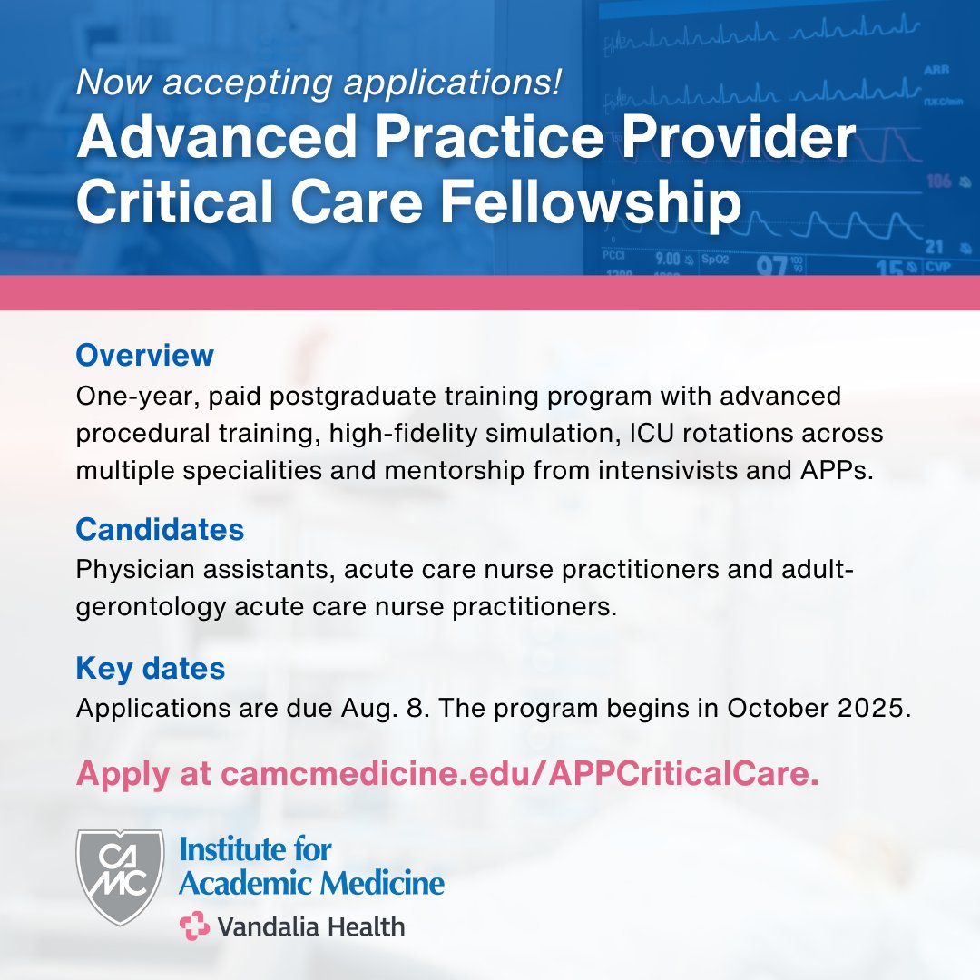 The APP Critical Care Fellowship prepares physician assistants, acute care nurse practitioners and adult-gerontology acute care nurse practitioners for rewarding careers in high-acuity critical care.

Learn more and apply by Aug. 8 at bit.ly/4lVSKCG.