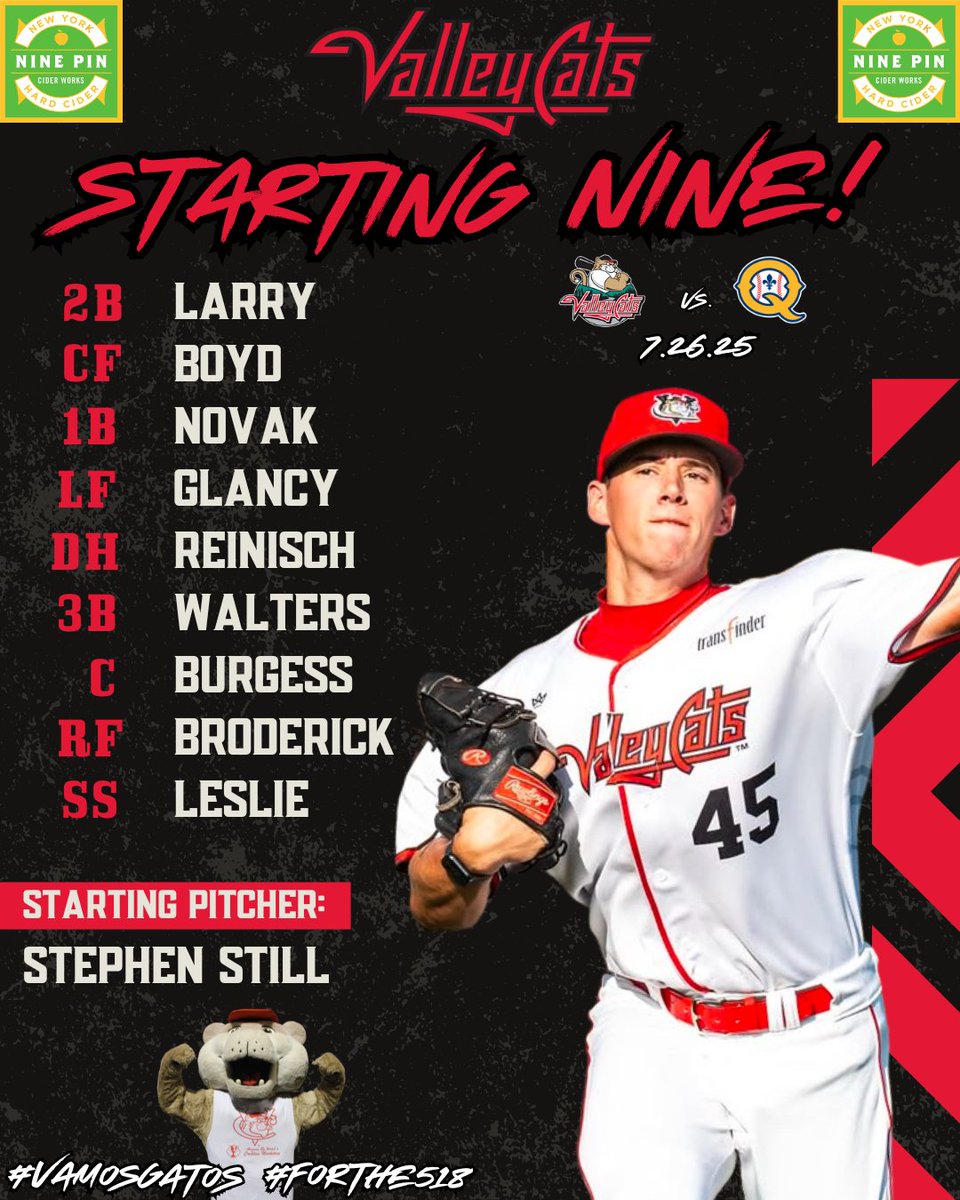 ValleyCats's tweet image. Tonight's starting nine presented by Nine Pin Cider for game two!
The lefty Stephen Still gets the start looking to secure his 8th win on the year! And we have a new (but old) face back in the lineup! Shoutout Chris Burgess!
#VamosGatos #Forthe518