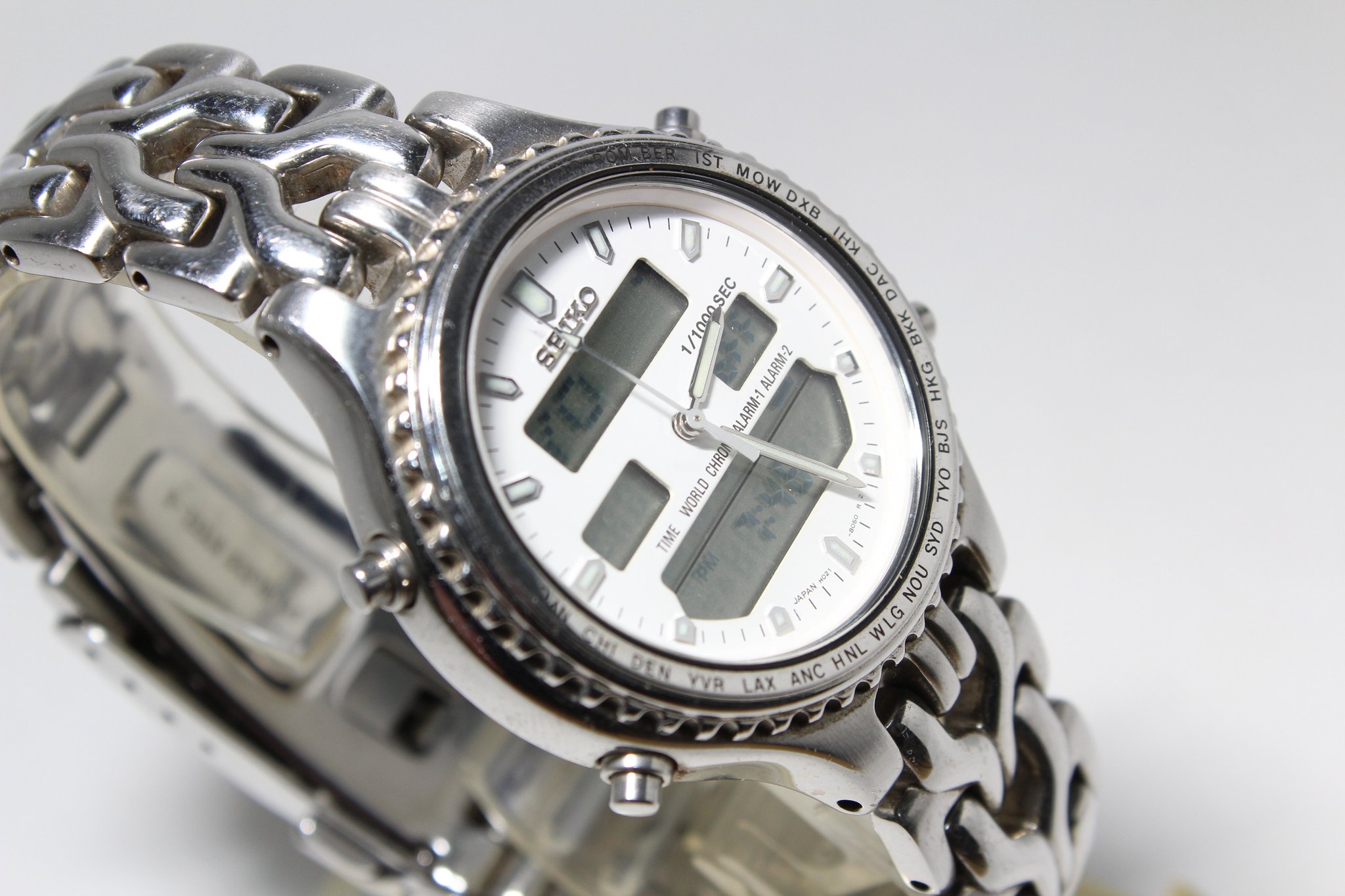 【稼動品】腕時計　SEIKO ホワイト　シルバー　アナデジ　H021-8050 SEIKO セイコー H021-8050 アナデジ QZ 動作品 - メルカリ