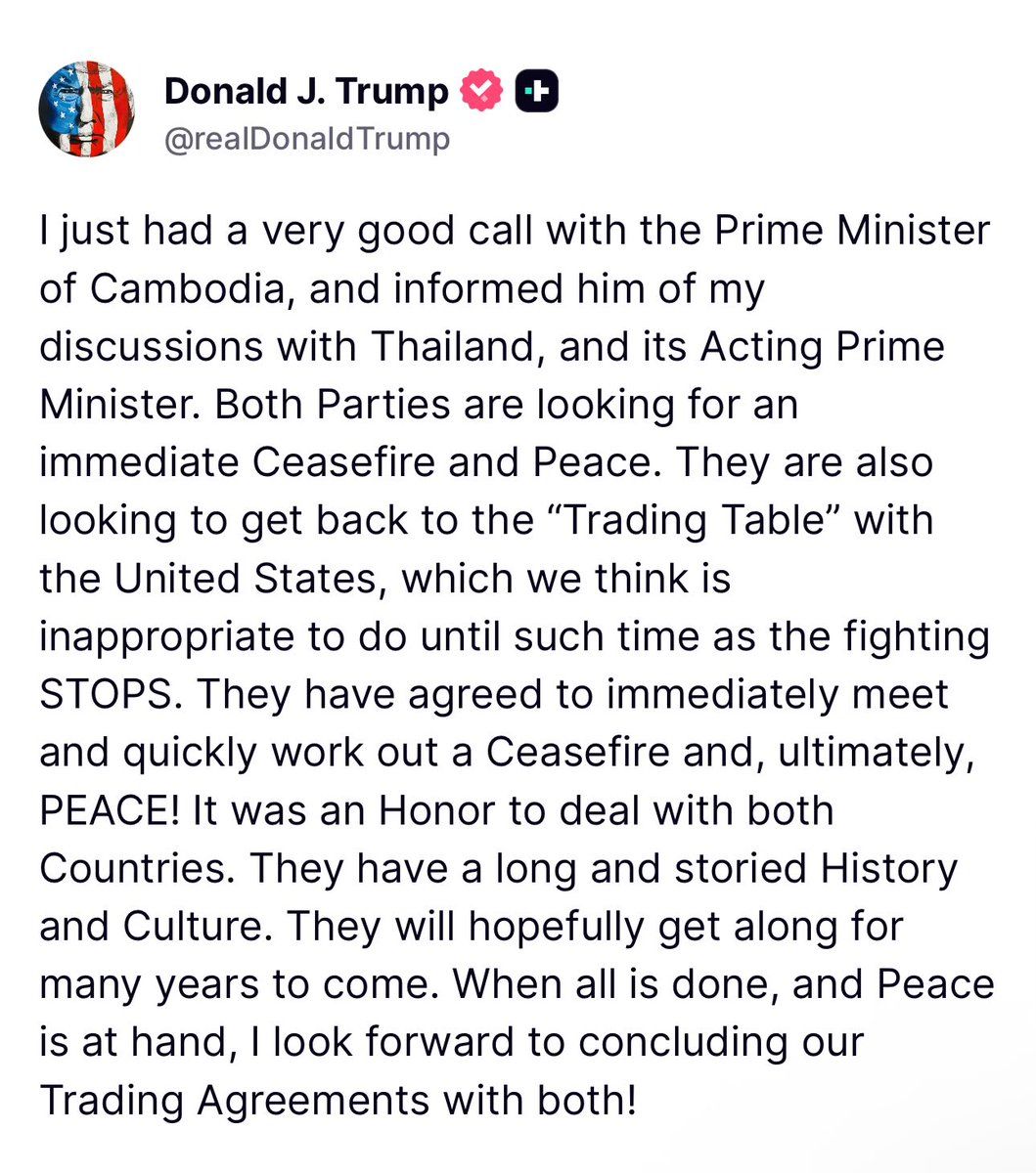 cass_nguyen_'s tweet image. POTUS brokering a peace deal between Cambodia and Thailand. Never seen anyone who works so hard to make America great again and peace around the world.